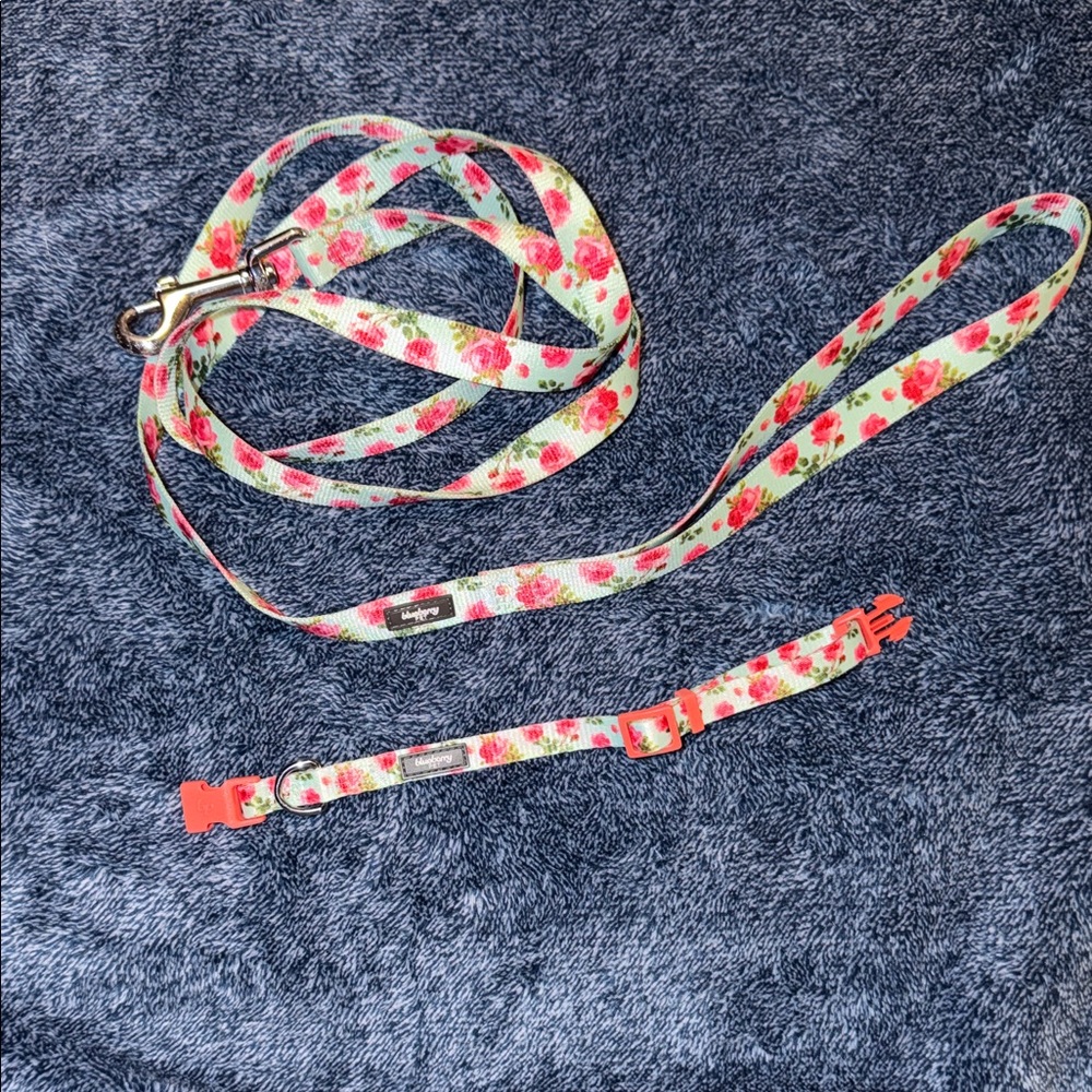 Floral Dog Collar and Leash Set - Pink and Green